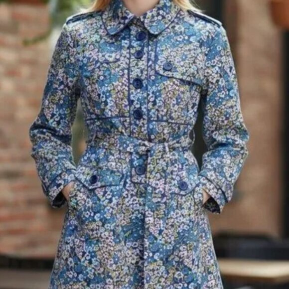 Anthropologie Elevenses Glajevica Floral Blue Trench Coat Size 8 - Picture 7 of 7